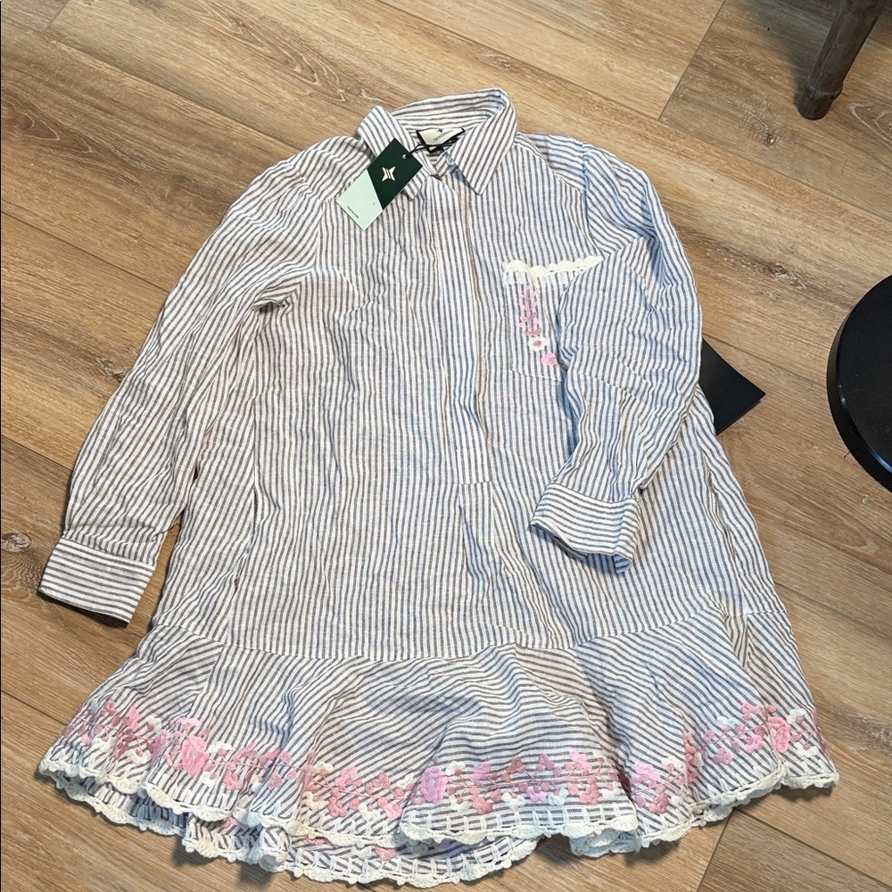 TUCKERNUCK | CALLAHAN SHIRT DRESS | TAN STRIPE EMBROIDERED FLORAL